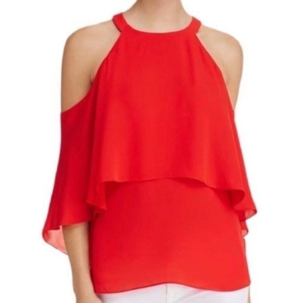 Kobi Halperin Red Silk Blouse Cold Shoulder Tiered Flirty Langley Womens S NWT